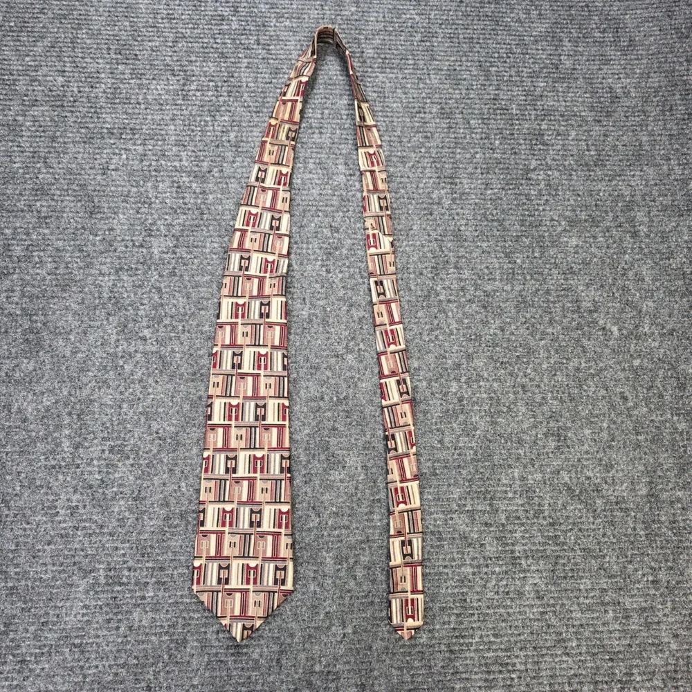 Vintage Gianfranco Ruffini Italy Abstract Silk Tie Men's Burgundy Tan Grey Short